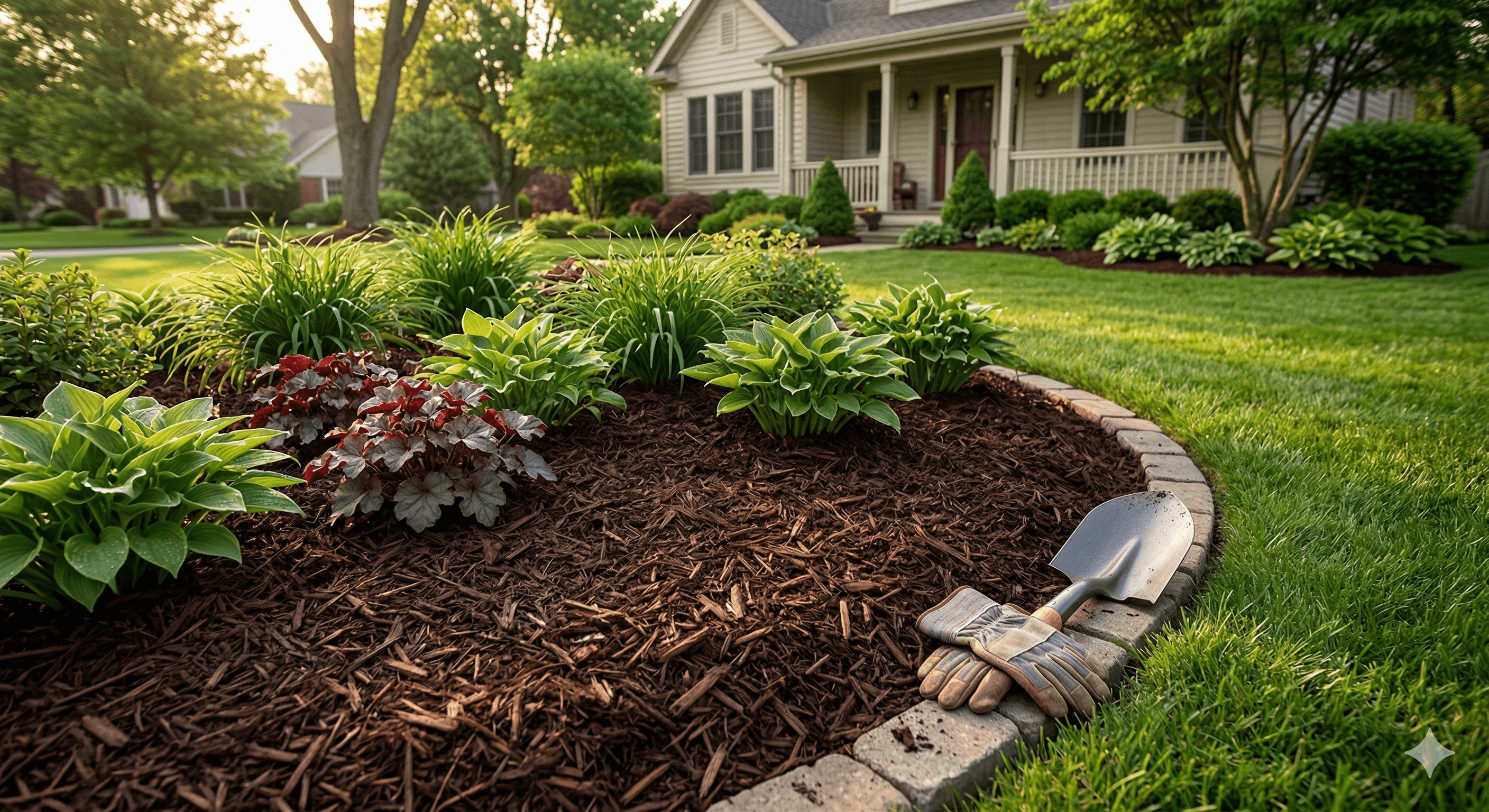 Freshly mulched curved flower bed with garden shovel and gloves beside lush hostas and shrubs in front of a house