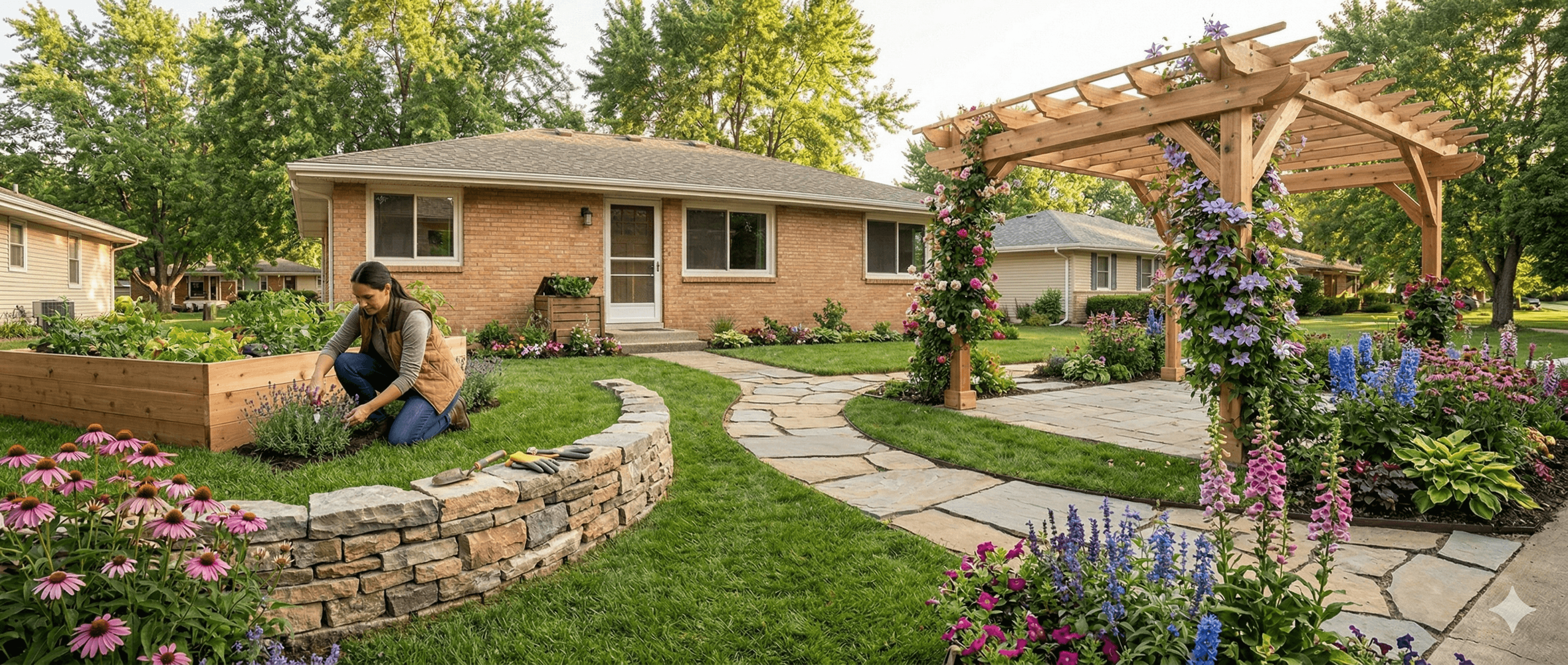 Person tending to a beautifully landscaped yard with raised garden beds, a stone pathway, and a pergola