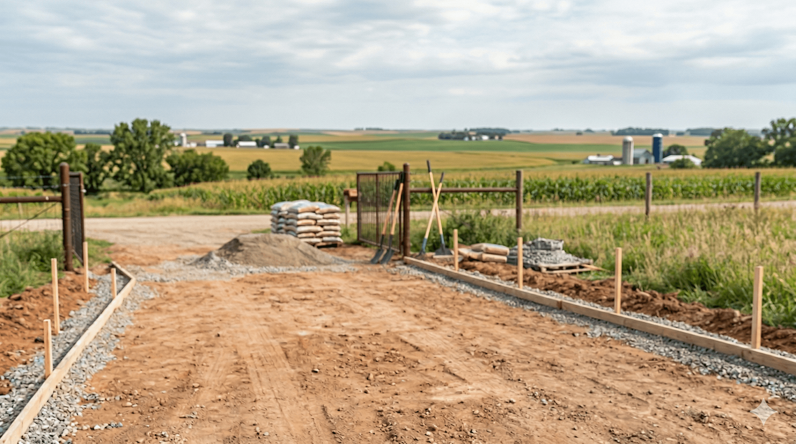 Concrete forms staked out along a gravel driveway with stacked bags of concrete mix ready for a pour