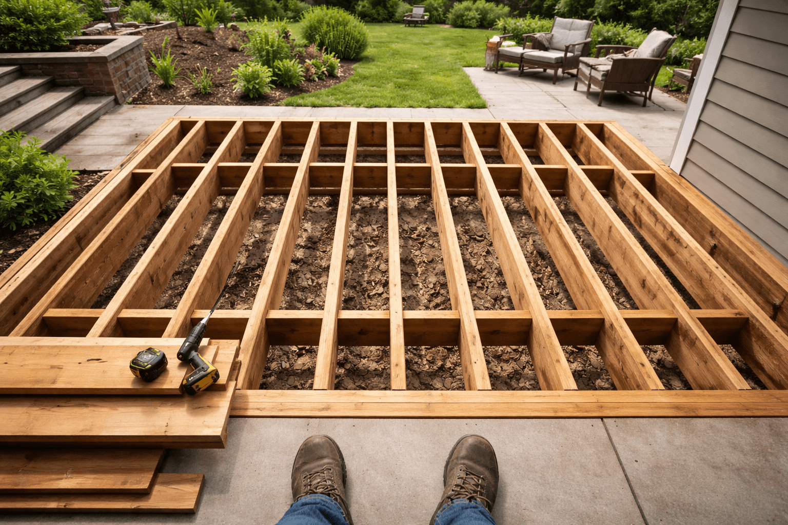 Freshly installed pressure-treated deck boards on a new deck under construction, showing consistent board spacing and framing below
