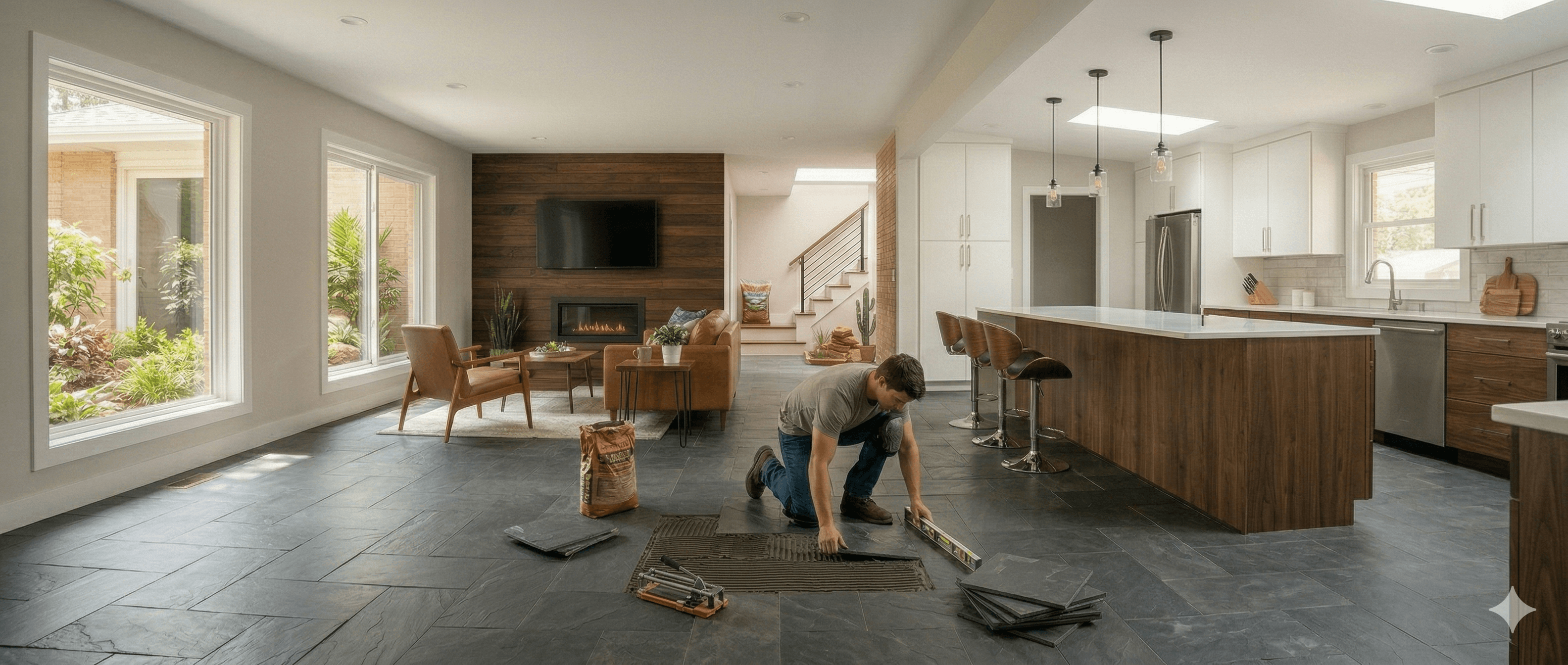 Contractor installing slate tile flooring in a bright modern open-plan home