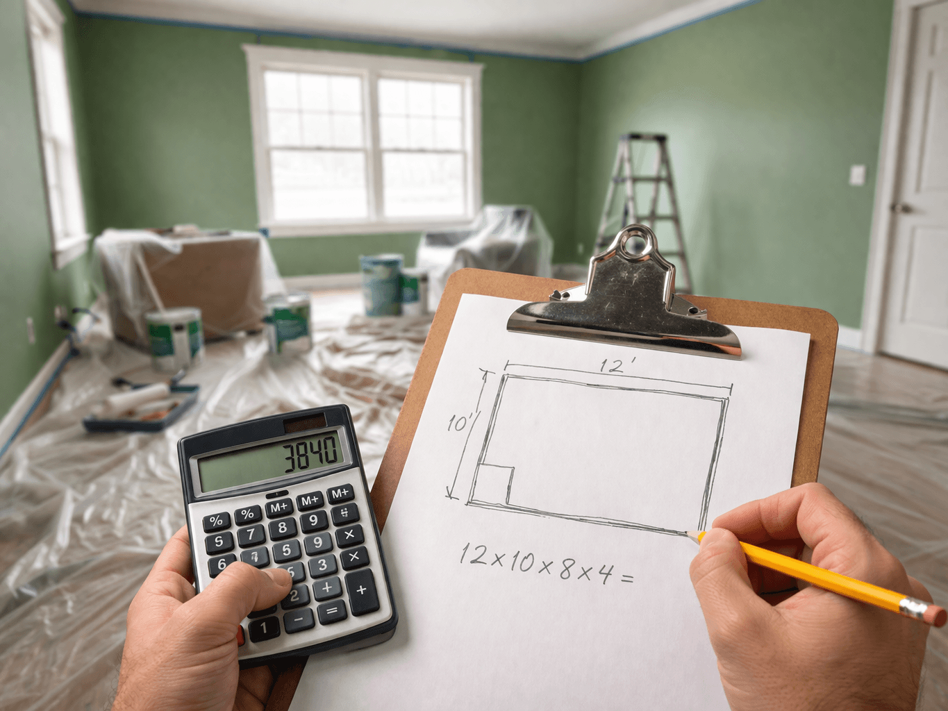Person holding a calculator and clipboard with room measurements while calculating how much paint is needed for a green interior room