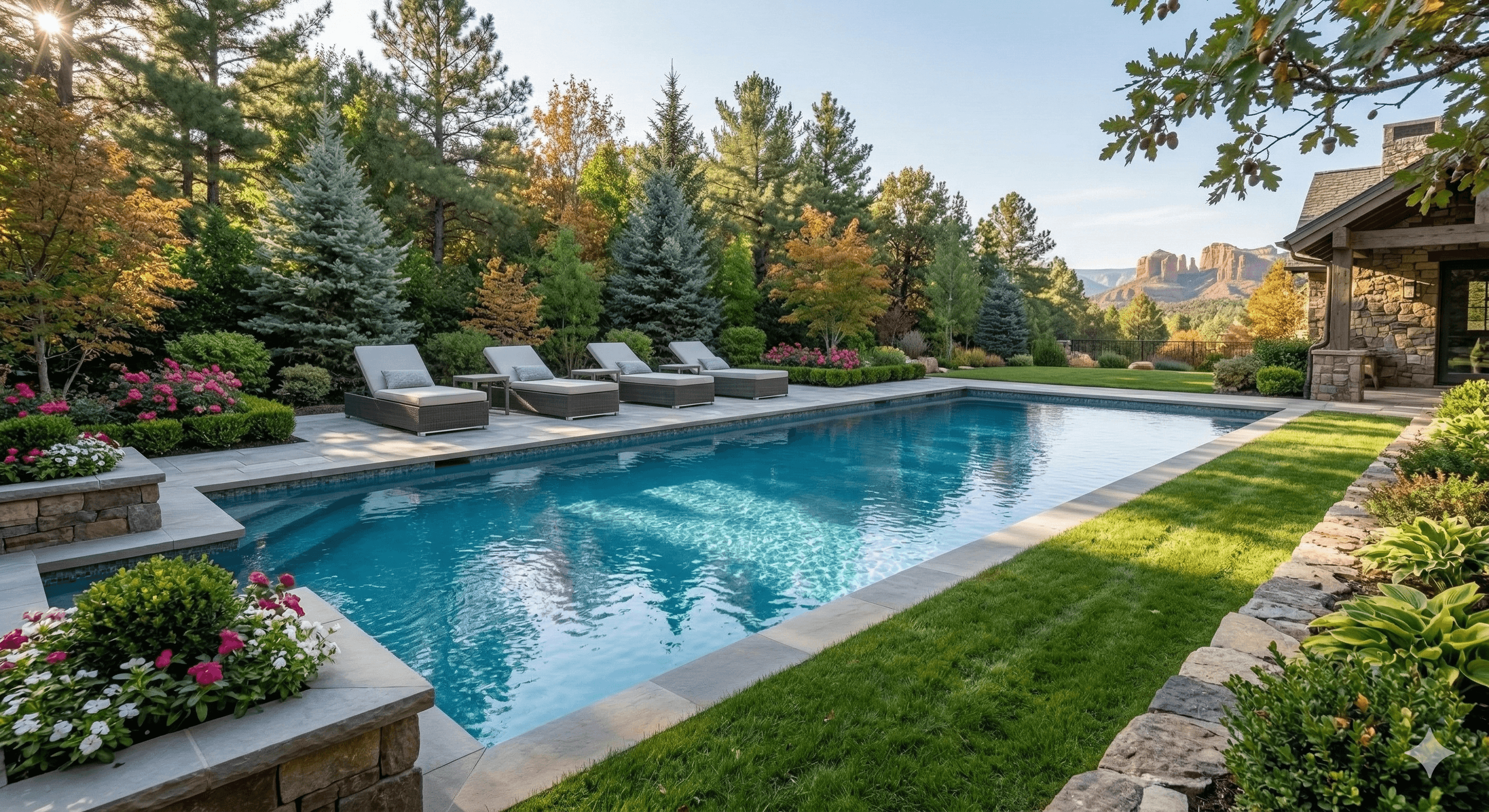 Rectangular backyard pool with natural stone coping, lounge chairs, and lush landscaping with mountain views
