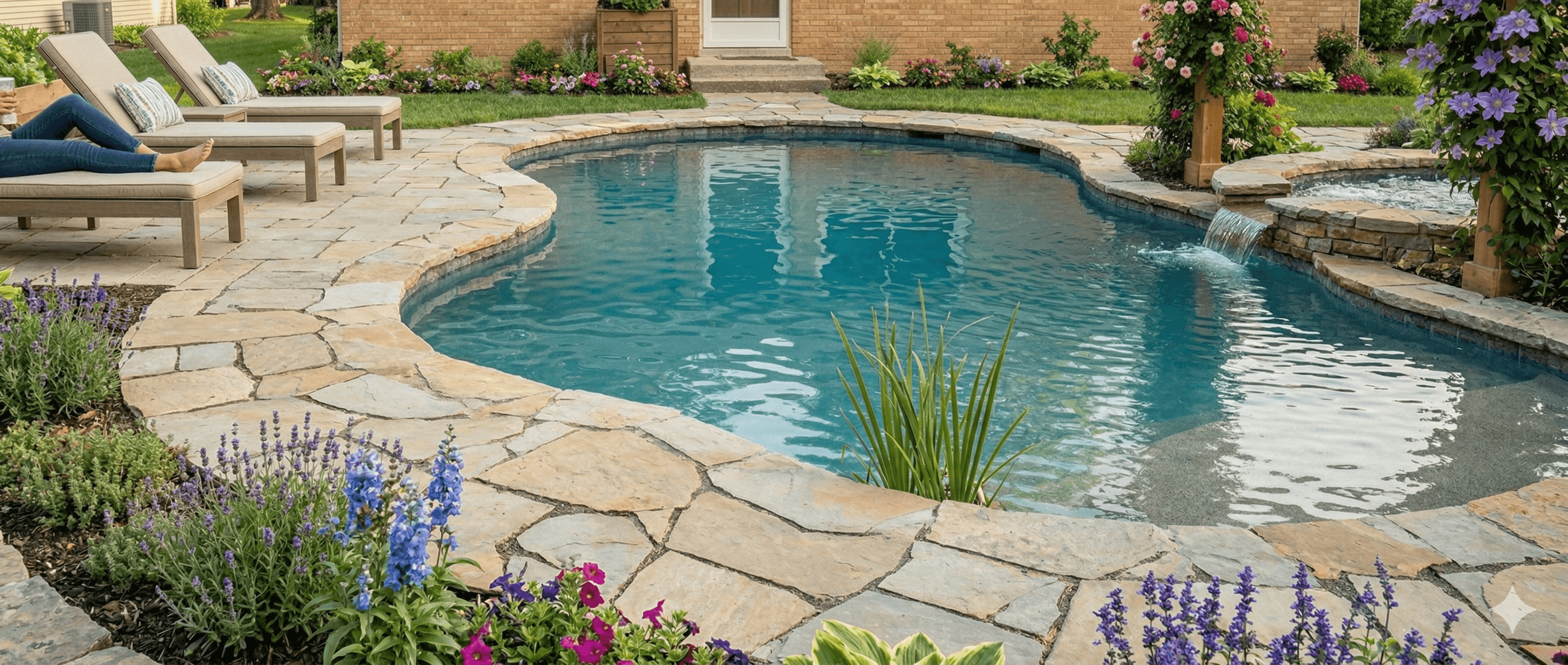 Curved backyard pool with natural stone surround, waterfall feature, and lush garden landscaping